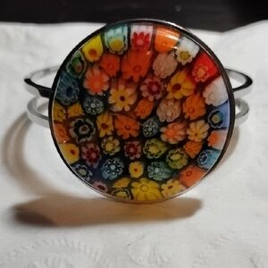 Murano Style Glass Hinged Cuff Bangle Floral Bracelet Stainless Steel